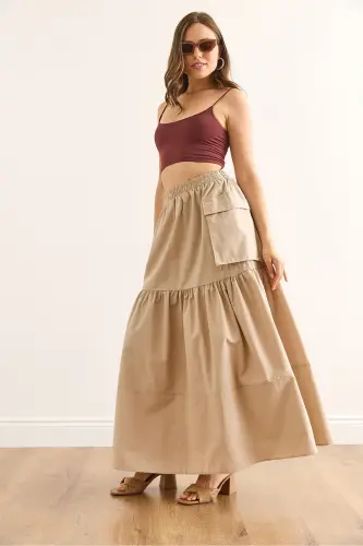 Women's Stone Elastic Waist Pocketed Maxi Parachute Skirt E - OLALOOK (1)