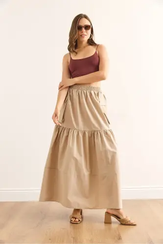 Women's Stone Elastic Waist Pocketed Maxi Parachute Skirt E - 4