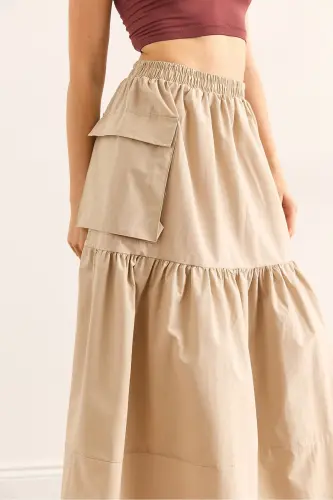Women's Stone Elastic Waist Pocketed Maxi Parachute Skirt E - 5