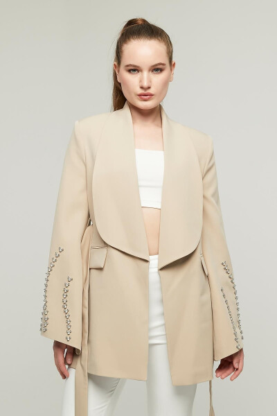 Women's Stone Embellished Wide Collar Belted Jacket VISON - 6