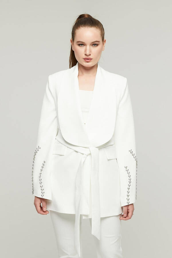 Women's Stone Embellished Wide Collar Belted Jacket WHITE - 9