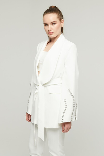 Women's Stone Embellished Wide Collar Belted Jacket WHITE - 10