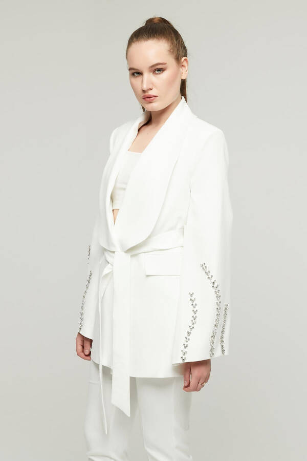 Women's Stone Embellished Wide Collar Belted Jacket WHITE - 10