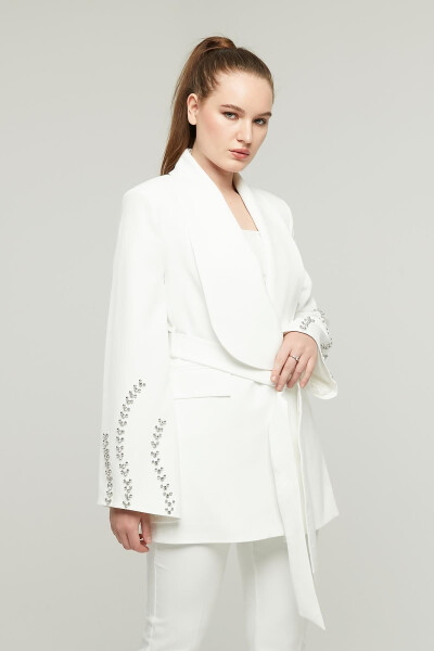 Women's Stone Embellished Wide Collar Belted Jacket WHITE - 11