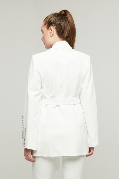 Women's Stone Embellished Wide Collar Belted Jacket WHITE - 12