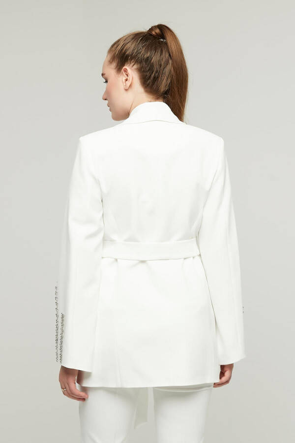 Women's Stone Embellished Wide Collar Belted Jacket WHITE - 12