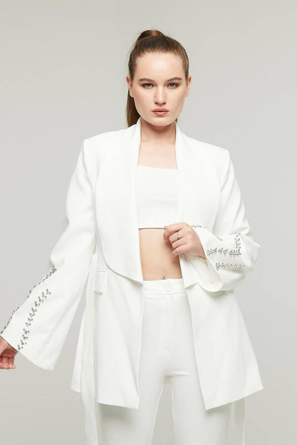 Women's Stone Embellished Wide Collar Belted Jacket WHITE - 14