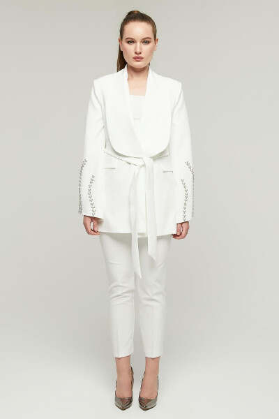 Women's Stone Embellished Wide Collar Belted Jacket WHITE - 15