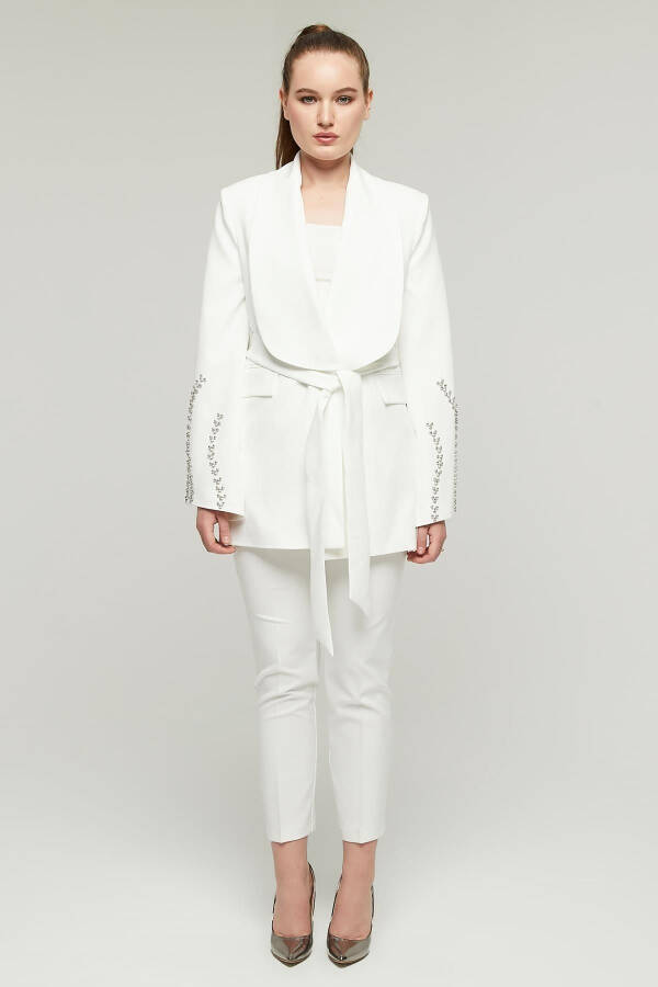 Women's Stone Embellished Wide Collar Belted Jacket WHITE - 15