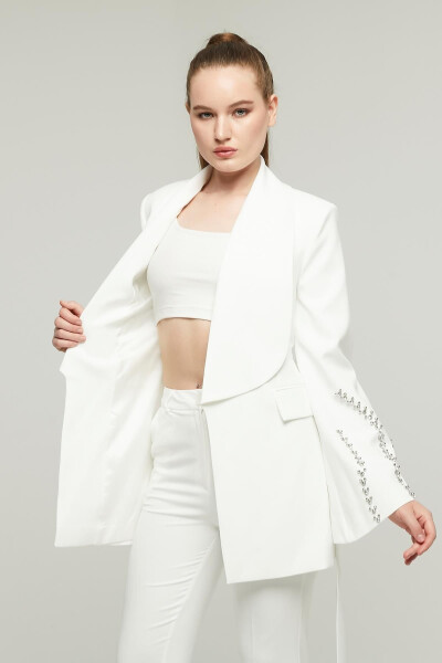 Women's Stone Embellished Wide Collar Belted Jacket WHITE - 16