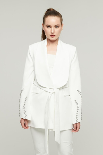 Women's Stone Embellished Wide Collar Belted Jacket WHITE - 1