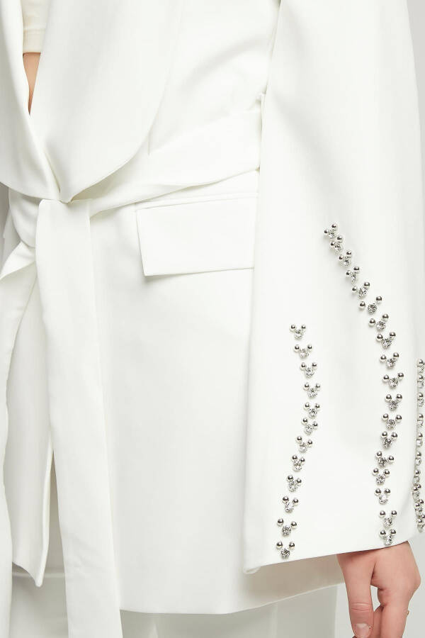 Women's Stone Embellished Wide Collar Belted Jacket WHITE - 6