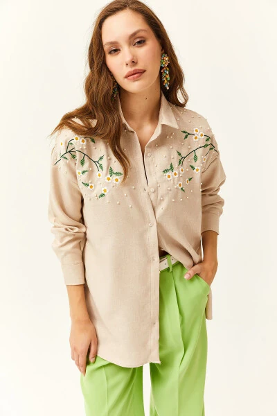 Women's Stone Embroidered Beaded Wool Effect Oversized Winter Shirt - OLALOOK