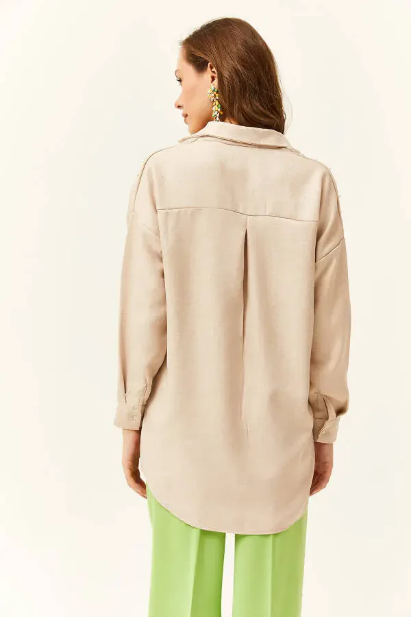 Women's Stone Embroidered Beaded Wool Effect Oversized Winter Shirt - 2