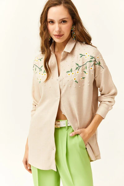 Women's Stone Embroidered Beaded Wool Effect Oversized Winter Shirt - 3