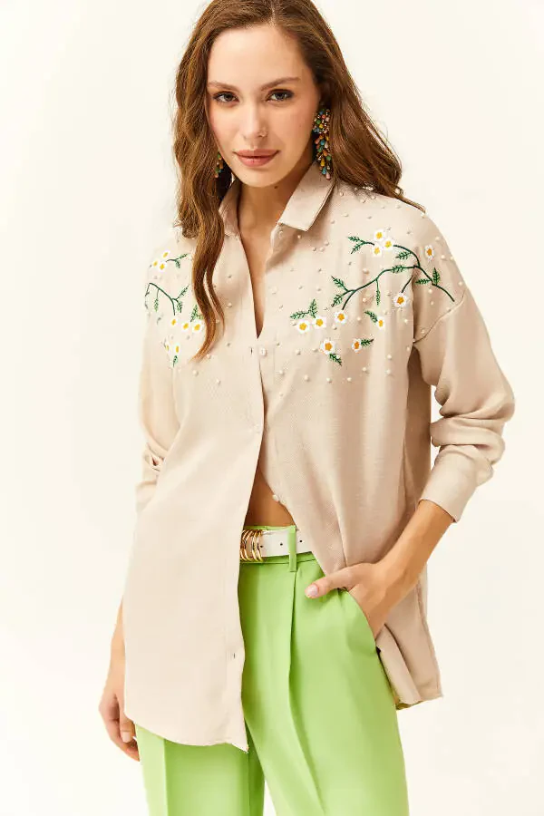 Women's Stone Embroidered Beaded Wool Effect Oversized Winter Shirt - 3