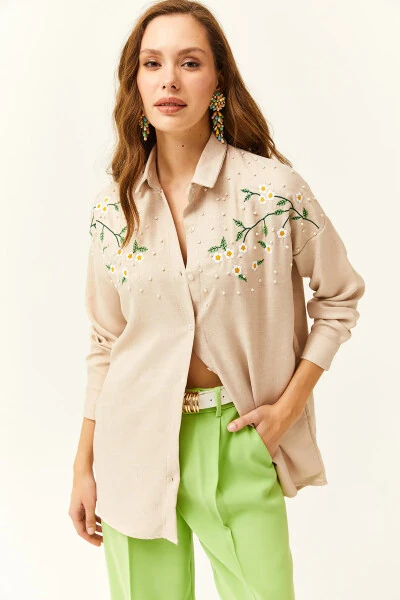 Women's Stone Embroidered Beaded Wool Effect Oversized Winter Shirt - 4