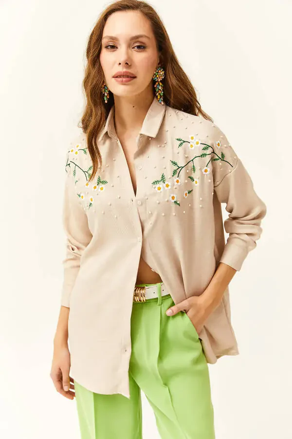 Women's Stone Embroidered Beaded Wool Effect Oversized Winter Shirt - 4