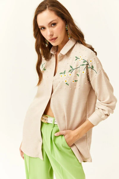 Women's Stone Embroidered Beaded Wool Effect Oversized Winter Shirt - 5