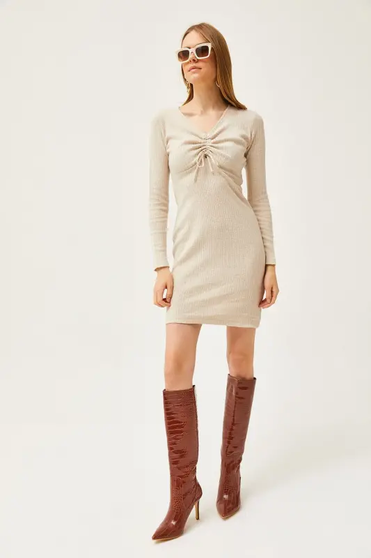 Women's Stone Embroidered Gathered Detailed Brushed Mini Dress - 2