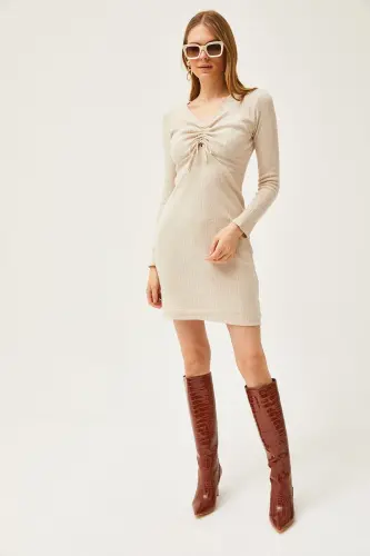 Women's Stone Embroidered Gathered Detailed Brushed Mini Dress - 3