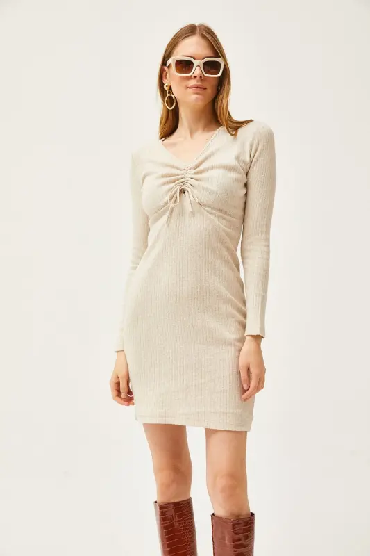 Women's Stone Embroidered Gathered Detailed Brushed Mini Dress - 4