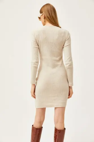 Women's Stone Embroidered Gathered Detailed Brushed Mini Dress - 6