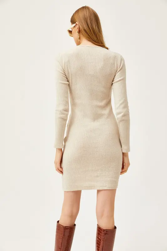 Women's Stone Embroidered Gathered Detailed Brushed Mini Dress - 6