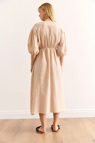 Women's Stone Embroidered Lace-up Detailed Midi Muslin Dress - 6