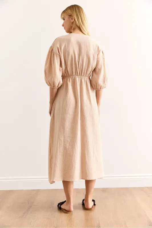 Women's Stone Embroidered Lace-up Detailed Midi Muslin Dress - 6