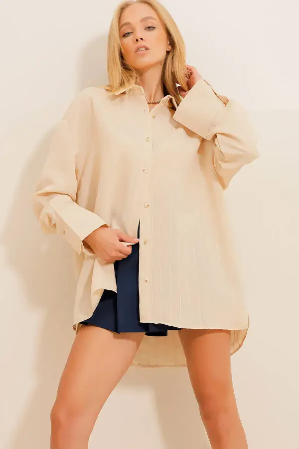 Women's Stone Embroidered Wide Cuff Oversize Woven Shirt ALC-X11078 - 1