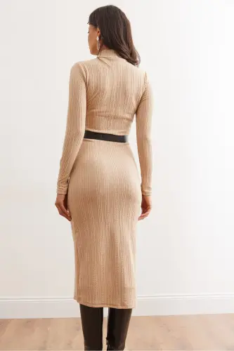 Women's Stone Fisherman Collar Belted Slit Knit Midi Dress - 6