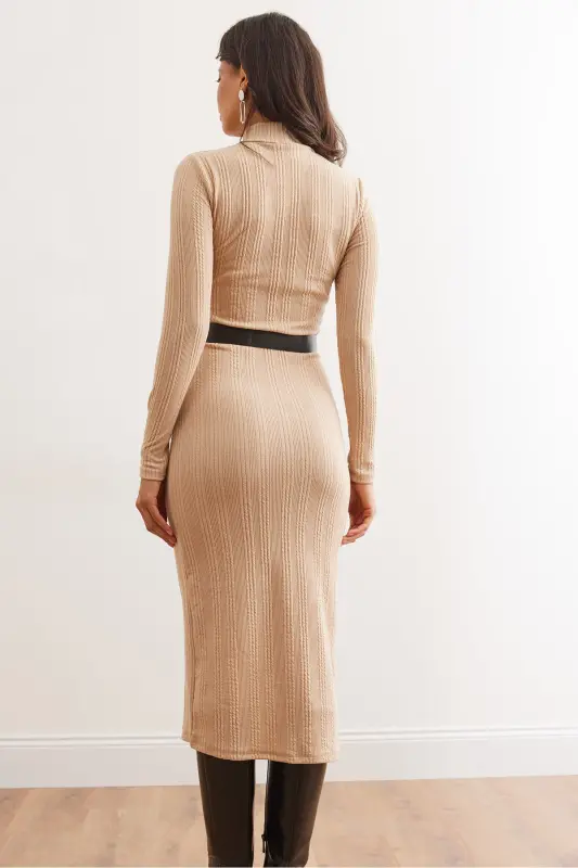Women's Stone Fisherman Collar Belted Slit Knit Midi Dress - 4