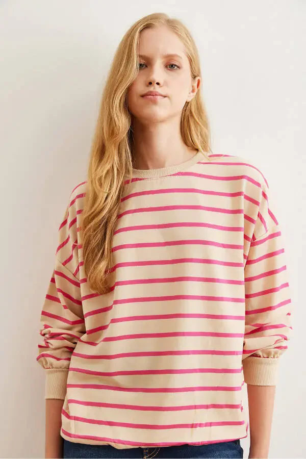 Women's Stone Fuchsia Basic Soft Textured Loose Sweatshirt SWT-19000457 - 3