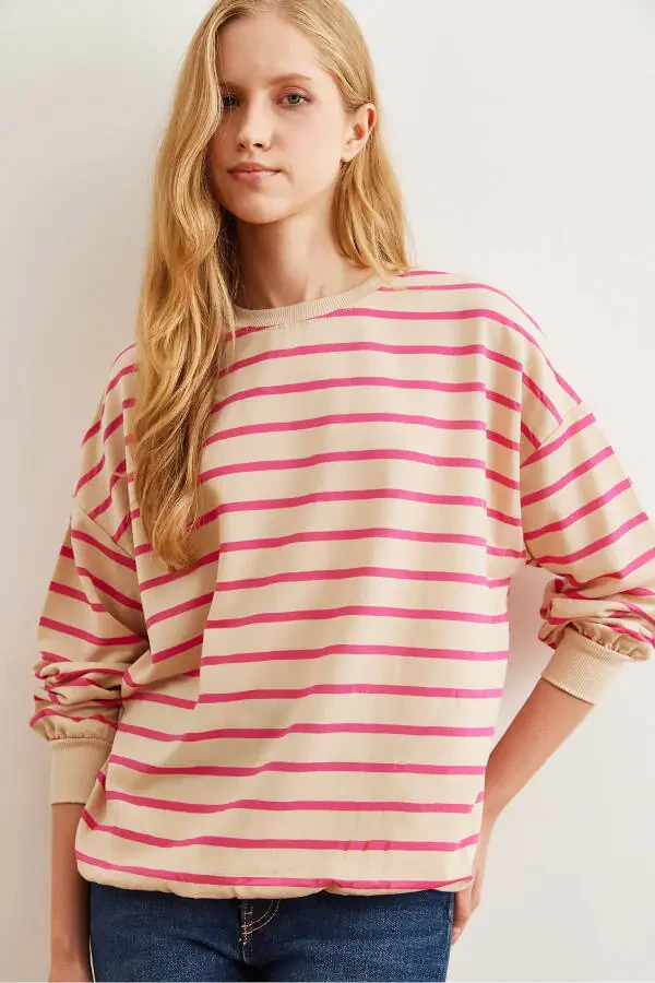 Women's Stone Fuchsia Basic Soft Textured Loose Sweatshirt SWT-19000457 - 4