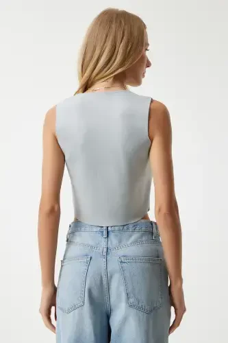 Women's Stone Gray V-Neck Buttoned Summer Knitted Vest YY00139-Stone Gray - 4