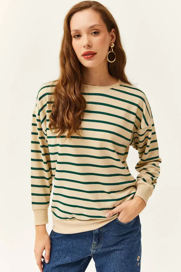 Women's Stone Green Basic Soft Textured Oversized Sweatshirt SWT-19000457 - 1