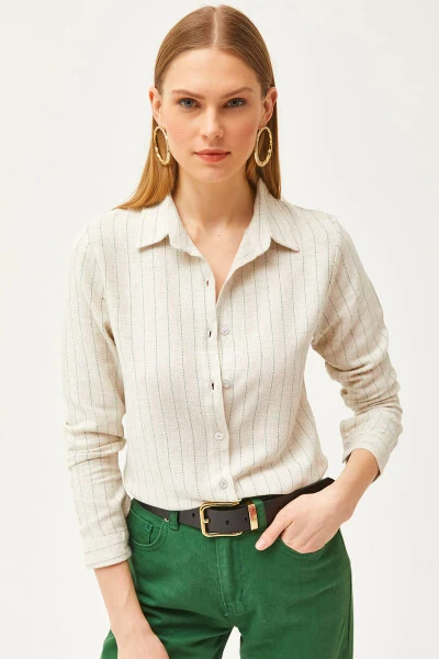 Women's Stone Green Striped Linen Blend Shirt GML-19001176 - OLALOOK