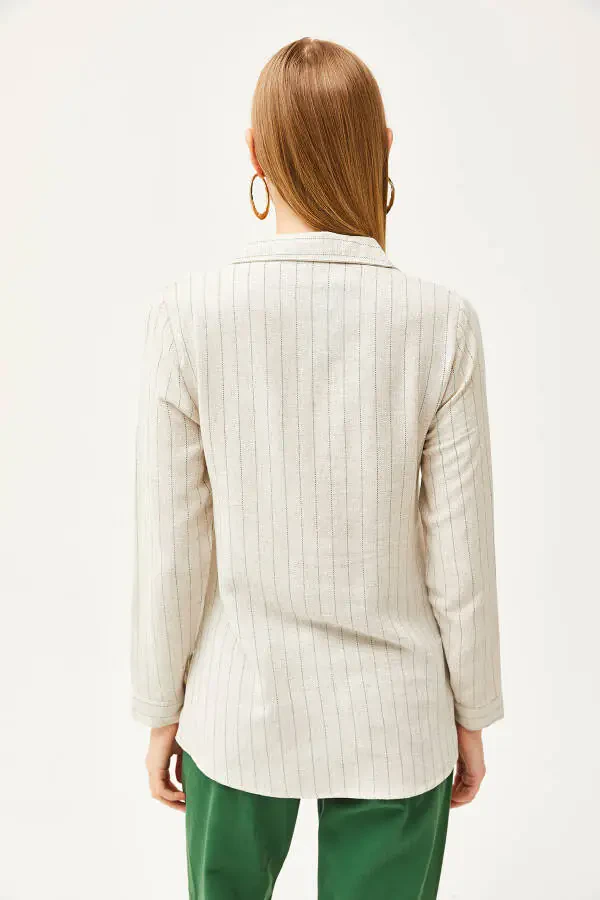 Women's Stone Green Striped Linen Blend Shirt GML-19001176 - 2