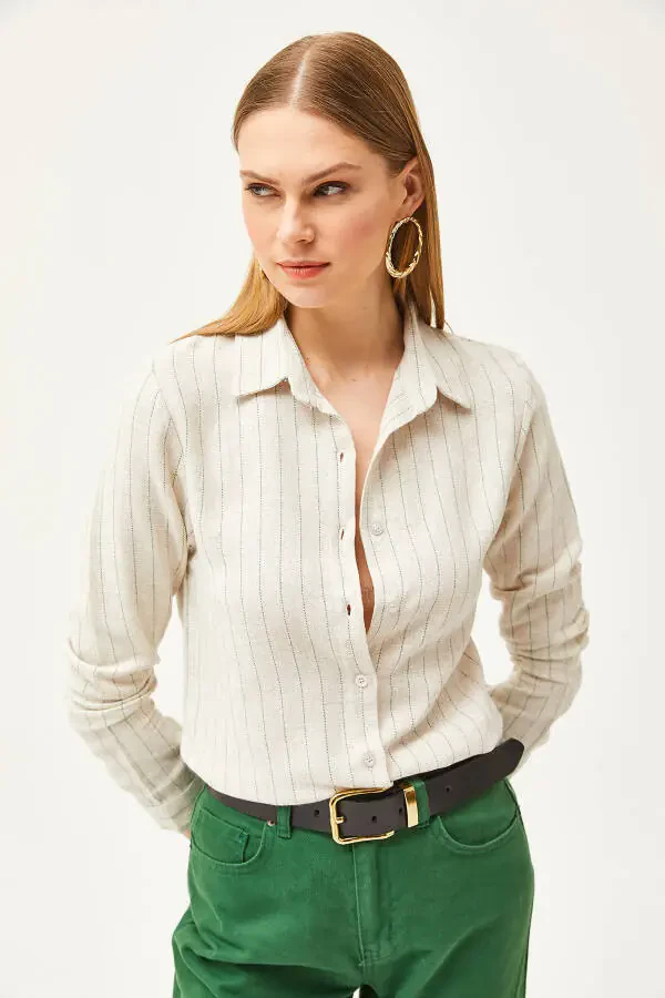 Women's Stone Green Striped Linen Blend Shirt GML-19001176 - 3