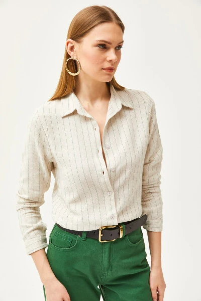 Women's Stone Green Striped Linen Blend Shirt GML-19001176 - 4