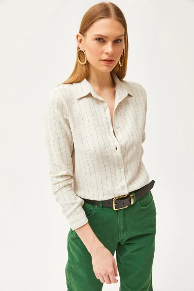 Women's Stone Green Striped Linen Blend Shirt GML-19001176 - 5