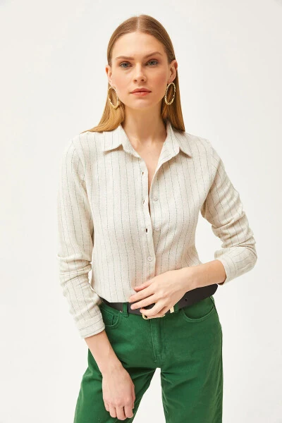 Women's Stone Green Striped Linen Blend Shirt GML-19001176 - 6