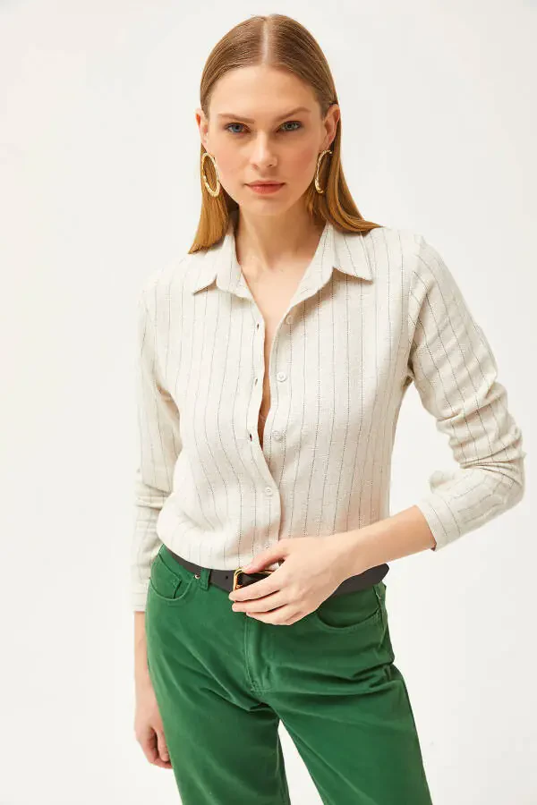 Women's Stone Green Striped Linen Blend Shirt GML-19001176 - 7