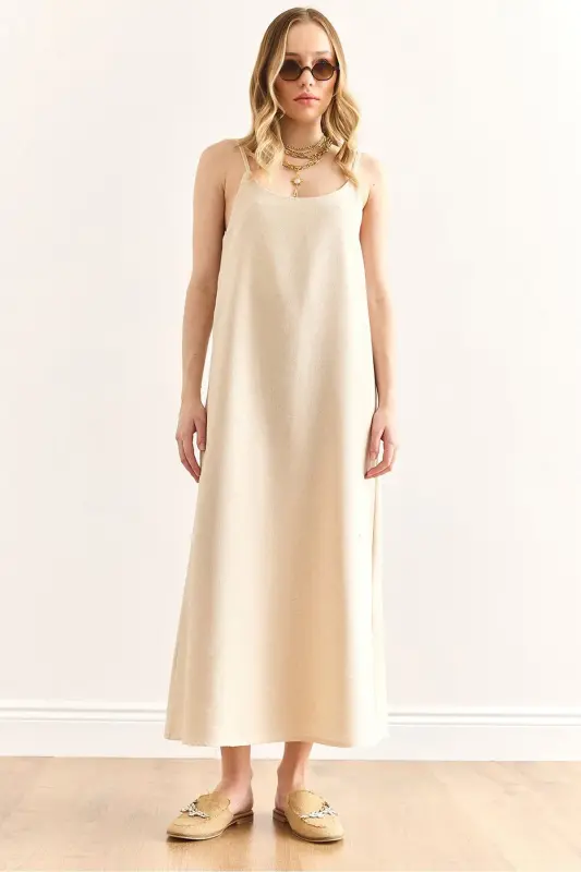 Women's Stone Hanger Adjustable Maxi Linen Content - OLALOOK