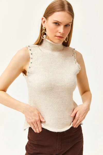 Women's Stone High Neck Stone Detailed Soft Textured Knitted Sweater KZK-19000804 - OLALOOK (1)