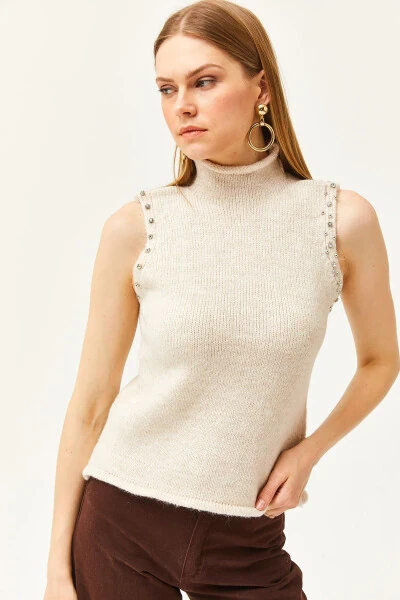 Women's Stone High Neck Stone Detailed Soft Textured Knitted Sweater KZK-19000804 - 3