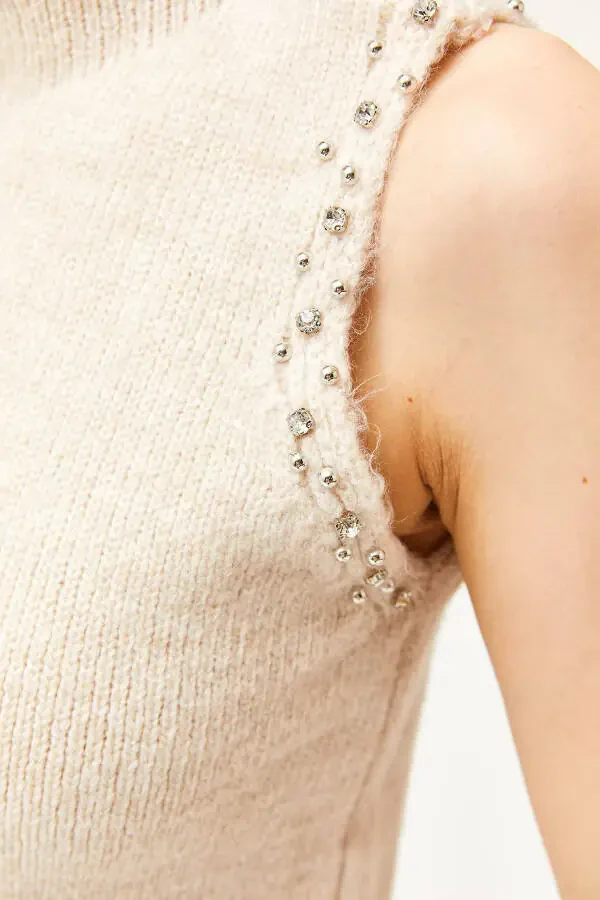 Women's Stone High Neck Stone Detailed Soft Textured Knitted Sweater KZK-19000804 - 5