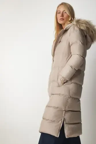 Women's Stone Hooded Long Padded Coat VP00001-Stone - 1