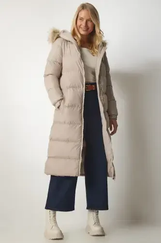 Women's Stone Hooded Long Padded Coat VP00001-Stone - 3